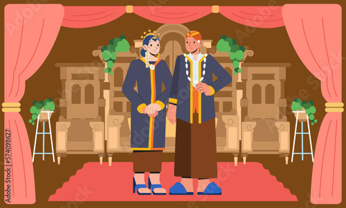 Bride and groom couple getting married, wearing traditional javanese indonesian wedding dress on stage flat vector character