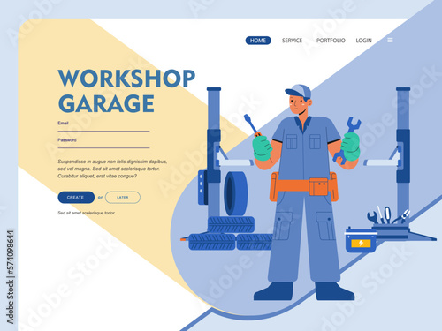 Car tire service web banner or landing page. Worker changing a tire of a car. Camber and alignment diagnostic. Mechanic changing a vehicle's tires