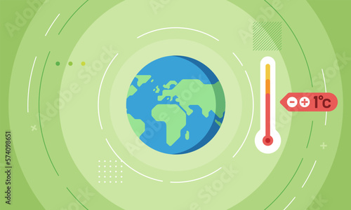 Climate change world. Earth globe with clouds. Hot thermometer temperature A flat style vector icon of Earth globe and thermometer, weather thermometer