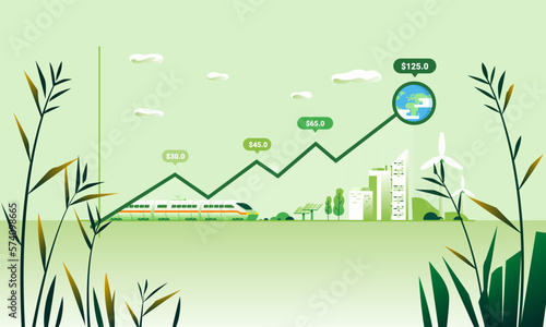 Concept of economic growth up graphic chart Green Renewable Environmental energy for earth green city, transportation, energy