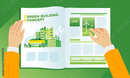Hands holding magazine read issues about environment and green Alternative renewable eco friendly energy for green city
