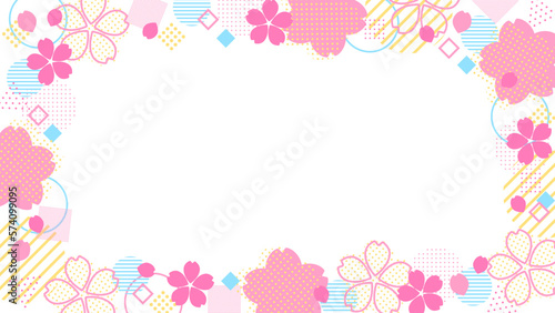 Foto カラフルで子どもっぽい桜の花の幾何学図形フレーム　横長