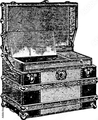 Antique Travel Trunk Steamer Chest Open Drawing isolated on white