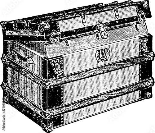 Traditional Travel Trunk Chest Vintage Drawing Engraving Illustration