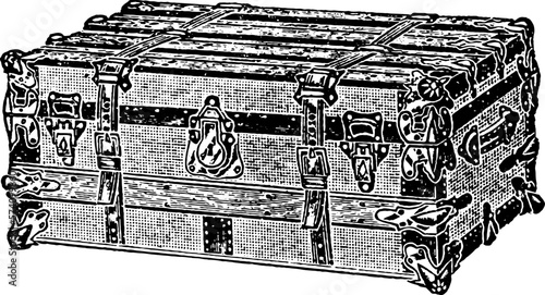 Vintage Trunk Luggage Engraving Etching Drawing isolated on white