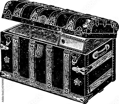 Antique Travel Trunk Chest Open Drawing Illustration isolated on white