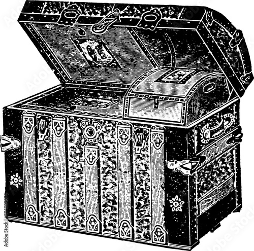 Old Vintage Travel Trunk Engraving Illustration Isolated on white