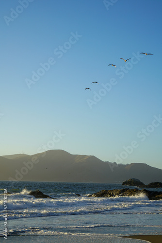 View of the birds flying over Baker Beach in San Francisco, California