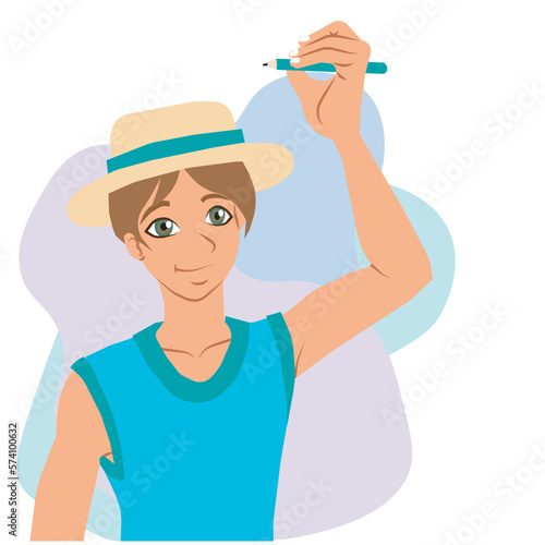 Boy in blue sleeveless blouse is holding a pencil. One of his arms is raised. He wears a hat. Vector illustration isolated on white background. 