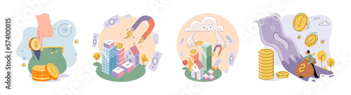 Golden coins pile, magnet and money. Financial literacy metaphor for passive income vector set. Rental activity income, upfront investment, accelerate your financial goals, savings accounts