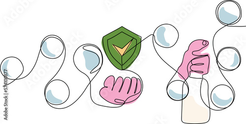 Continuous one line drawing of hand doing chores with disinfectant spray and microfiber cloth at home concept of disinfection. Easy to place your text and brand logo. Vector illustration