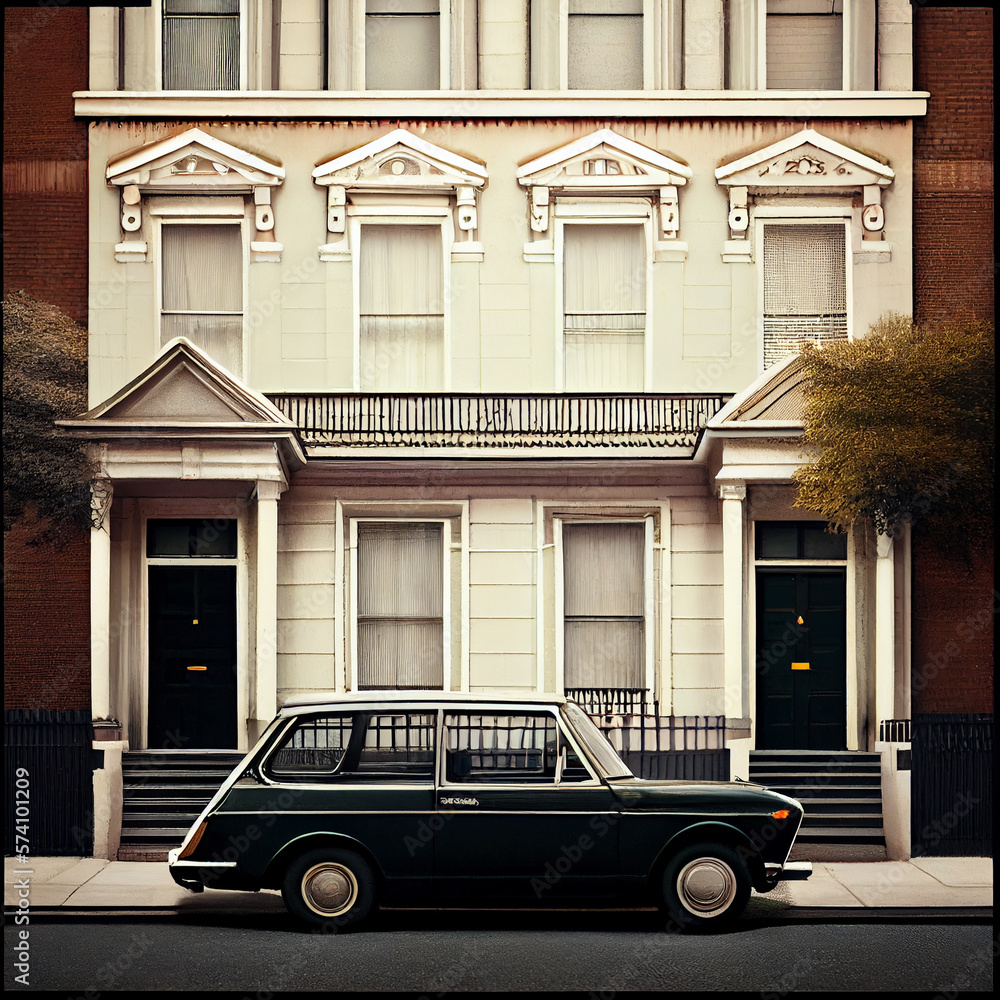 Minimalistic detail nostalgic  house, vintage car parked 