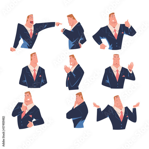 Boss showing various emotions and gesturing set. Strong muscular businessman character in blue suit cartoon vector illustration