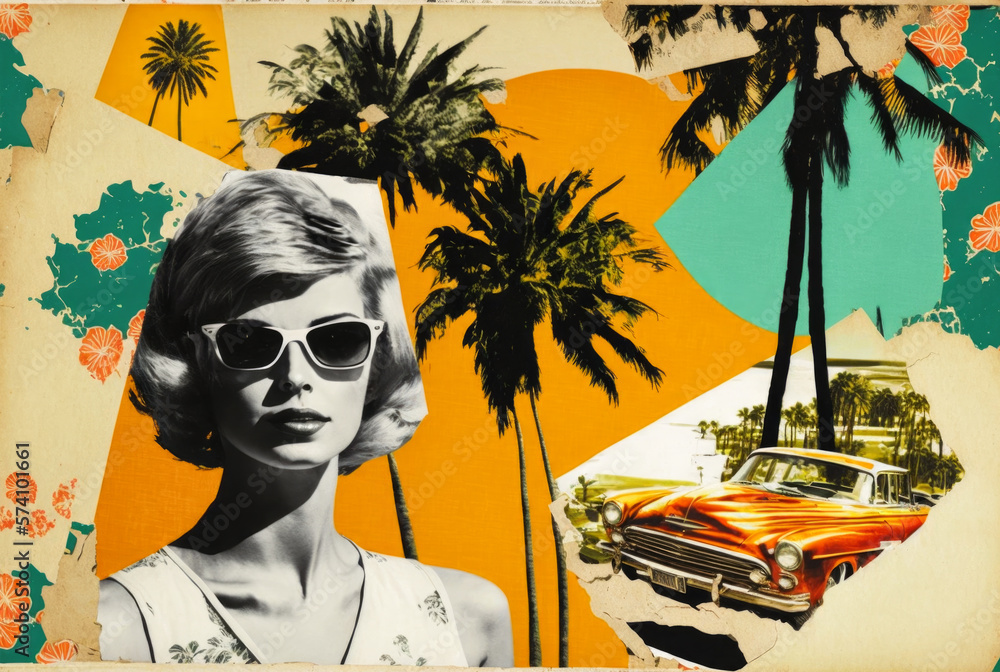 Fashion woman wearing summer dress. Travel vacation 50s retro background. Generative AI