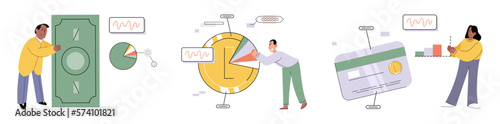 Set of people analyzing personal or corporate budget. Concept of finance accounting and calculation of financial income and expenses report. Financial consultant with document for tax computation