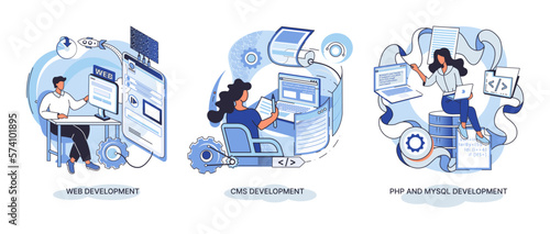 Website architecture concepts metaphor. Web development, PHP and MySQL, CMS, interface design, software testing. Creation digital Software mobile, desktop platforms. Digital content management system