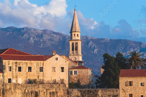 View of Budva old town streets  Budva Municipality and Riviera  resort on the Adriatic sea coast  Montenegro  sunny day with a blue sky  cathedral and citadel  travel to Montenegro