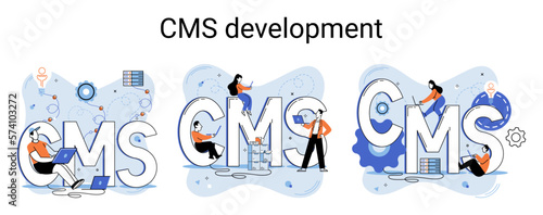 Digital content management system, CMS development software metaphor. Information system or computer program enable organize collaborative process of creating, editing and managing soft in network