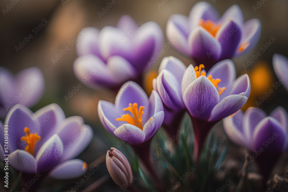 Fototapeta premium Purple crocus on a blurry background. Spring flowers background. Generative AI.