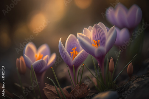 Purple crocus on a blurry background. Spring flowers background. Generative AI.