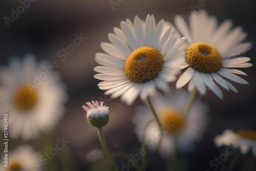 White daisy flowers on a blurry background. Wild flowers background. Generative AI.