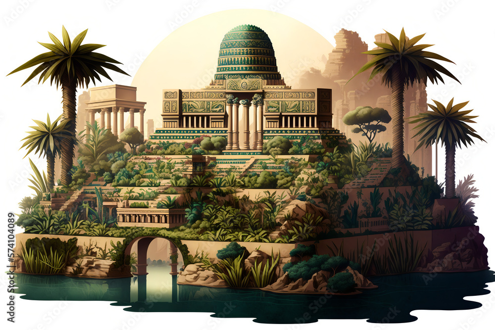 the famous Hanging Gardens of Babylon, a lush oasis in the midst of the arid desert landscape 