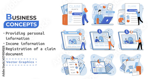 Registration of claim form register document, providing personal information, income information vector set. Employer form, earnings statement documents. Tax, financial and accounting reporting