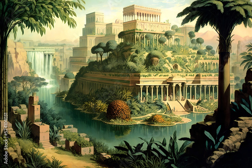 Fototapeta the famous Hanging Gardens of Babylon, a lush oasis in the midst of the arid desert landscape