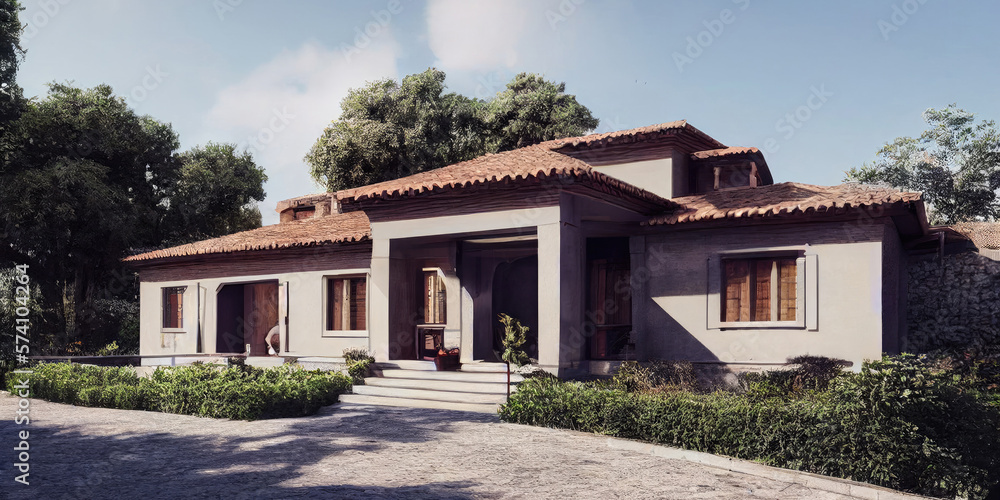 Front view of modern designed villa or residential house in tropical style, Generative AI illustration