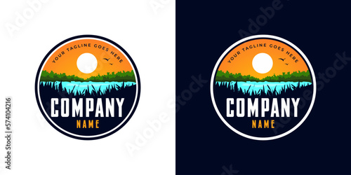 Natural Landscape Logo Template with Lake, Sun and Grass