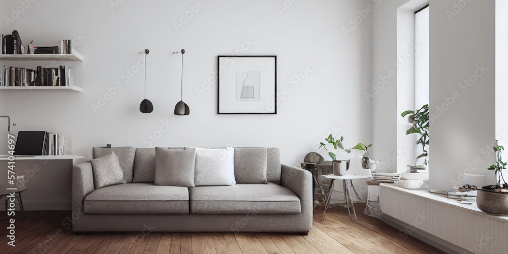 Fototapeta premium mock up poster frame in boho interior background, wooden living room design, Scandinavian style. Generative AI illustration