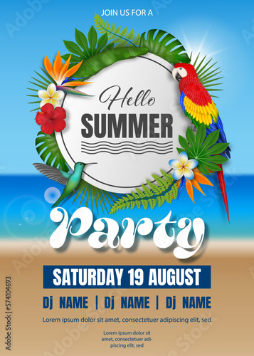 hello summer party poster with tropical plants and birds on beach landscape. summer party flyer