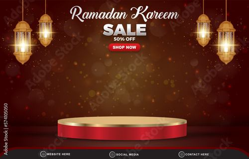 ramadan sale discount template banner with blank space 3d podium for product sale with abstract gradient red and brown background design