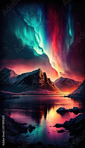 Beautiful Northen landscape with colorful aurora borealis, Generative AI