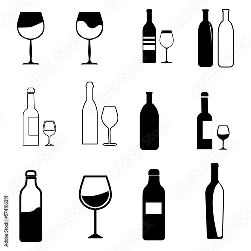 Wine Glass and bottle icon set. wine illustration on white background..eps