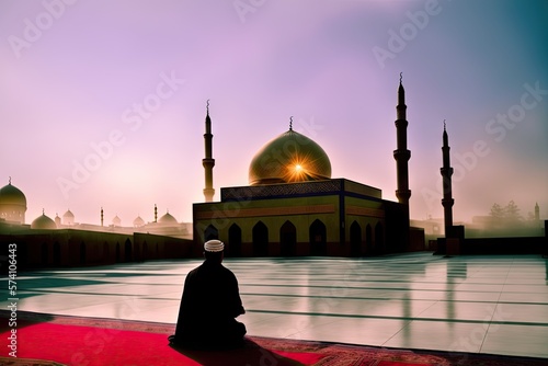 Muslim praying in a mystical environment, silhouette photo, no face visible, generative ai, color grading, islam religion concept photo