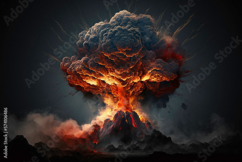 Volcano eruption with exploding lava and huge ash cloud - Generative AI illustration