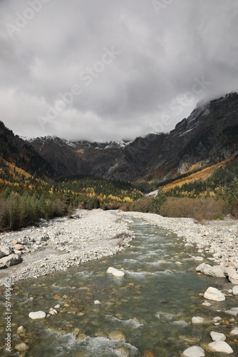 Picturesque view of river in mountains with forest on autumn day