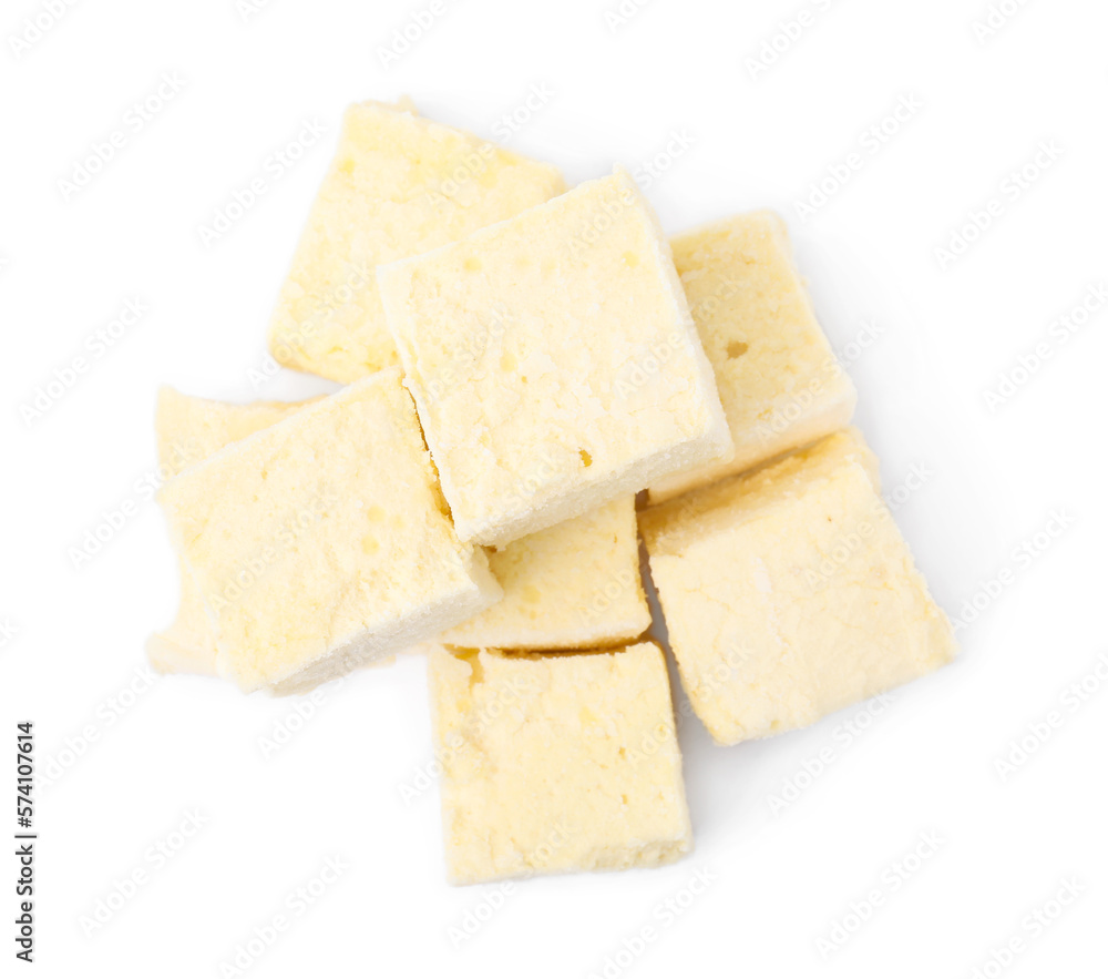 Pile of delicious sweet marshmallows on white background, top view Pile of delicious sweet marshmallows on white background, top view