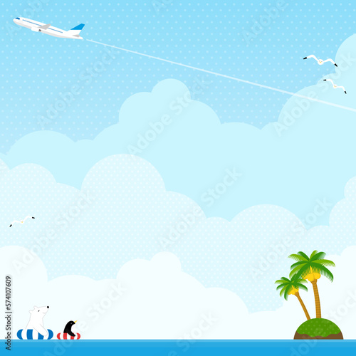 南国の海と、その上を飛ぶ飛行機　背景素材（正方形）