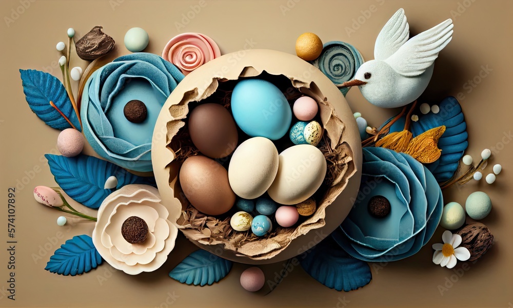 Easter eggs with sweets and flowers, Happy Easter, generative AI