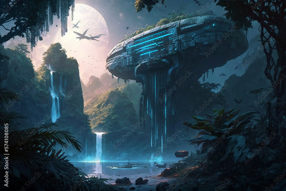 Cyberpunk sci-fi jungle with green trees, waterfall and futuristic ...