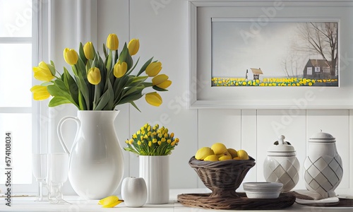 Vase with yellow tulips on the white kitchen table, spring decor, happy Easter, generative AI #574108034