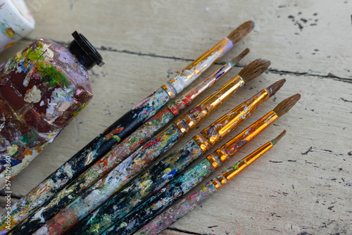 Picture of paintbrush and paint tube art supplies for hobby 