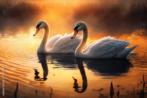 Swans swimming in the lake with morning sun