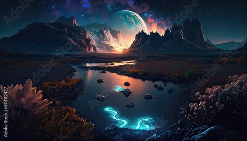 Beautiful Night Sky Landscape In Another World Wallpaper Generated AI HD 4K