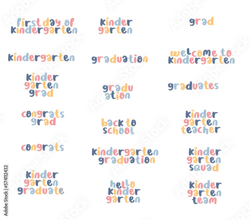 kindergarten typography set of lettering colorful. lettering set phrase for kindergarten. colorful set lettering kindergarten