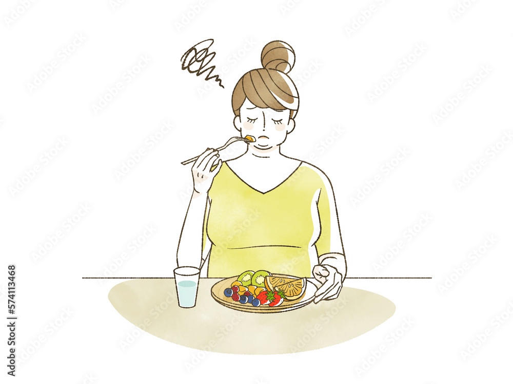 フルーツを食べている肥満女性