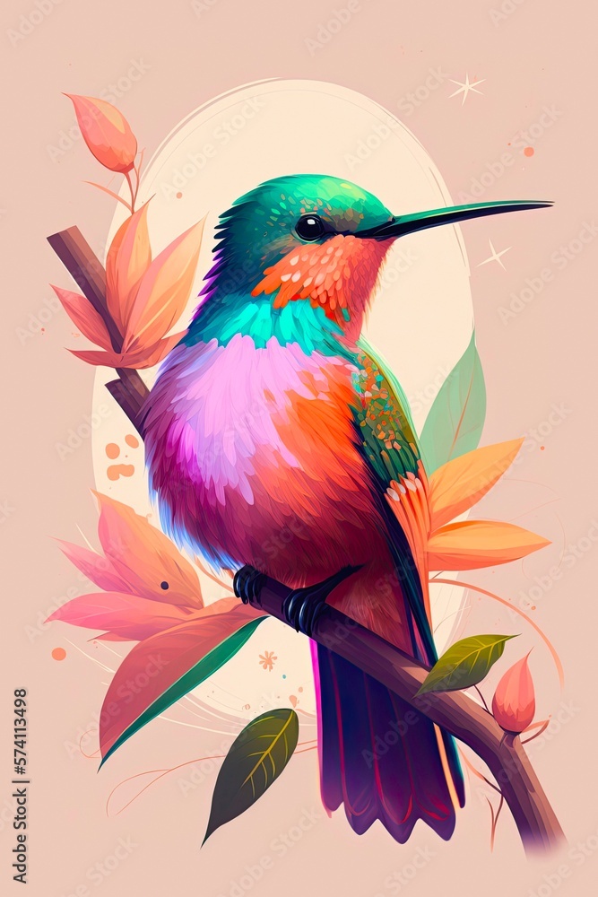 Fototapeta premium Beautiful hummingbird in foliage, rainbow bright colored illustration. Iridescent painting of colibri among green leaves.