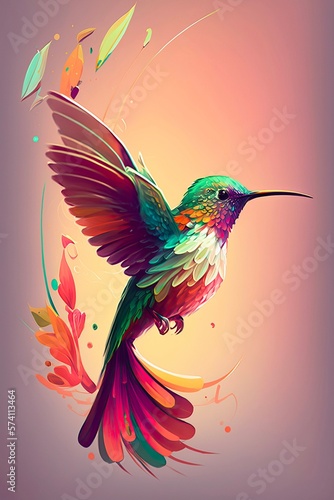 Beautiful hummingbird in foliage, rainbow bright colored illustration. Iridescent painting of colibri among green leaves.